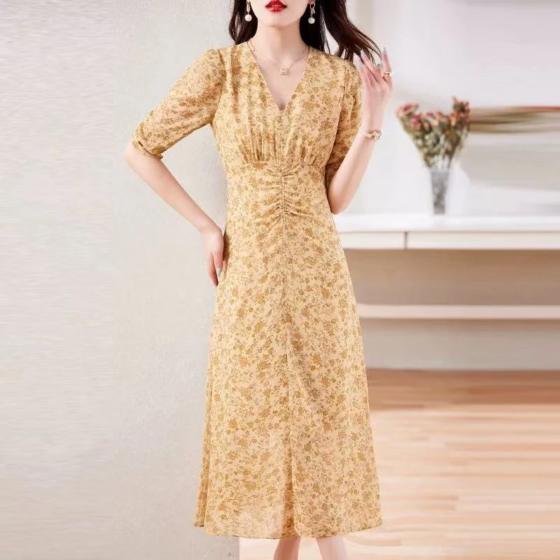 中长裙V领褶皱夏季碎花连衣裙优雅气质富婆风新中式