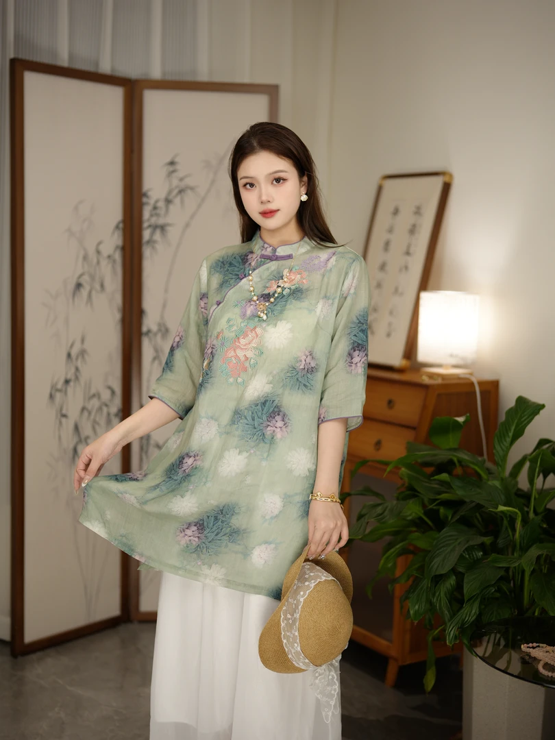 【芊羽0778】新中式夏季国风苎麻刺绣印花立领中长款连衣裙