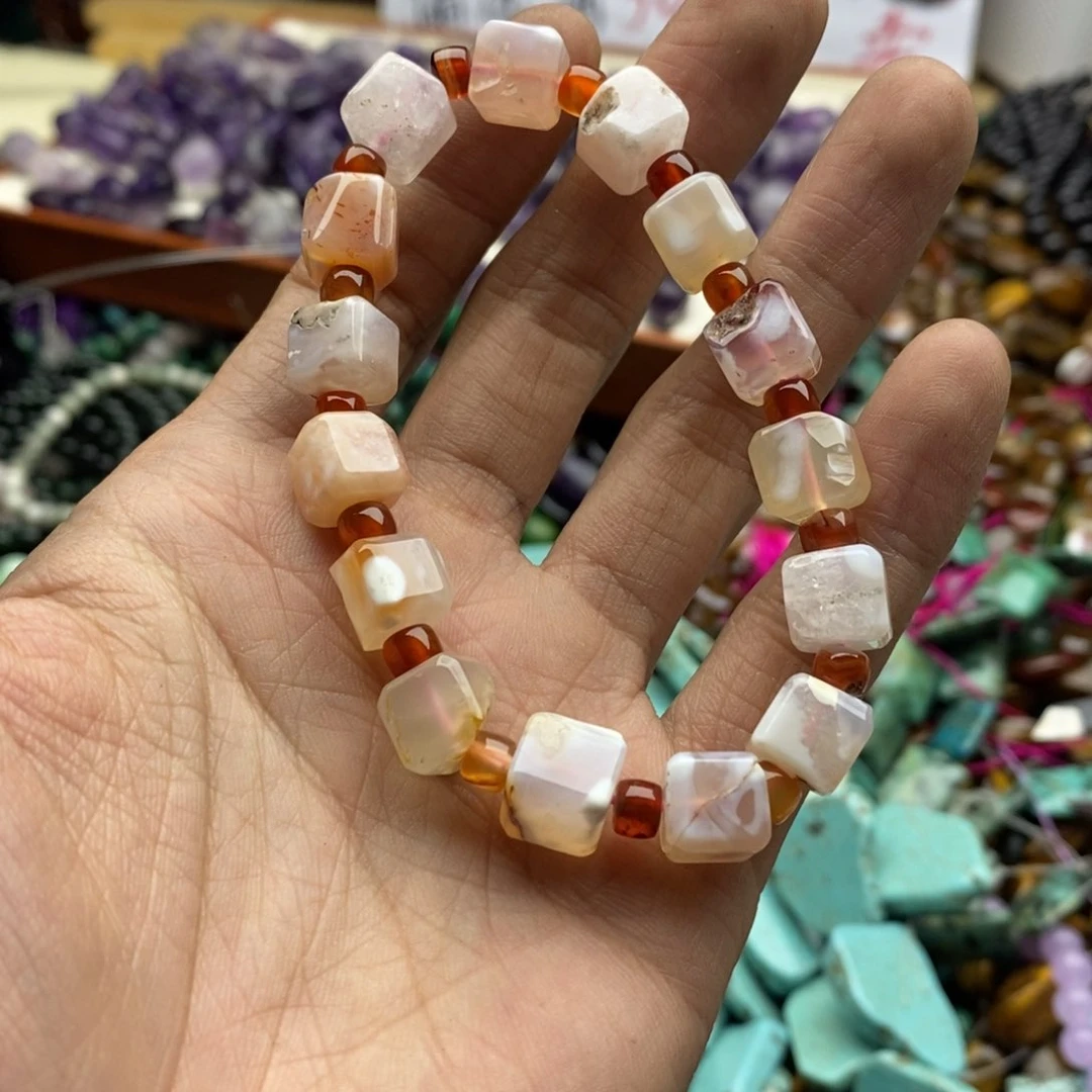 玛瑙/玉髓未镶嵌珠宝半成品一条天然微瑕樱花玛瑙方糖E134