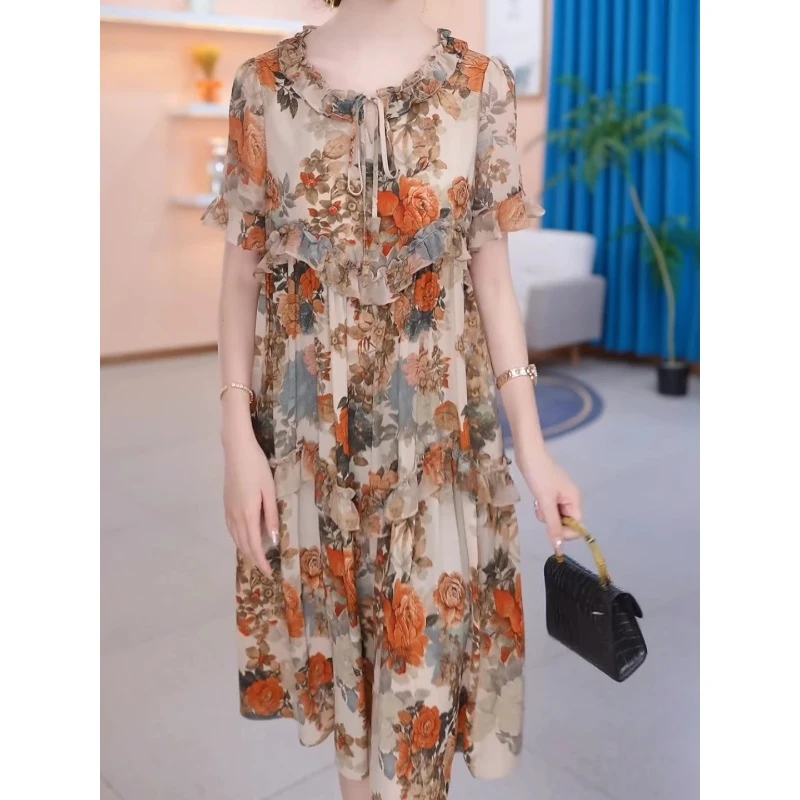 星辰法式宽松慵懒风印花连衣裙2025夏季新款修身显瘦减龄中长裙子