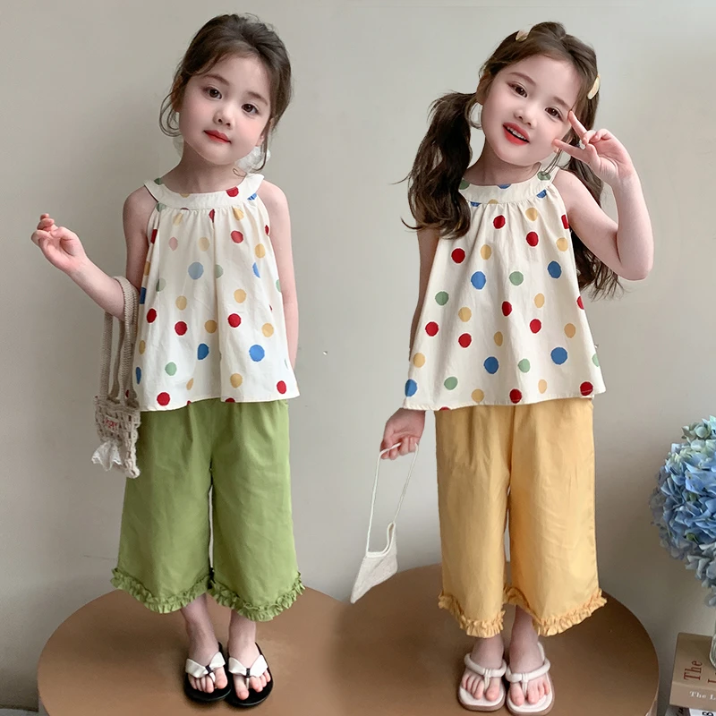 女童波点套装儿童无袖夏季新款洋气女宝宝蝴蝶结背心阔腿裤两件套