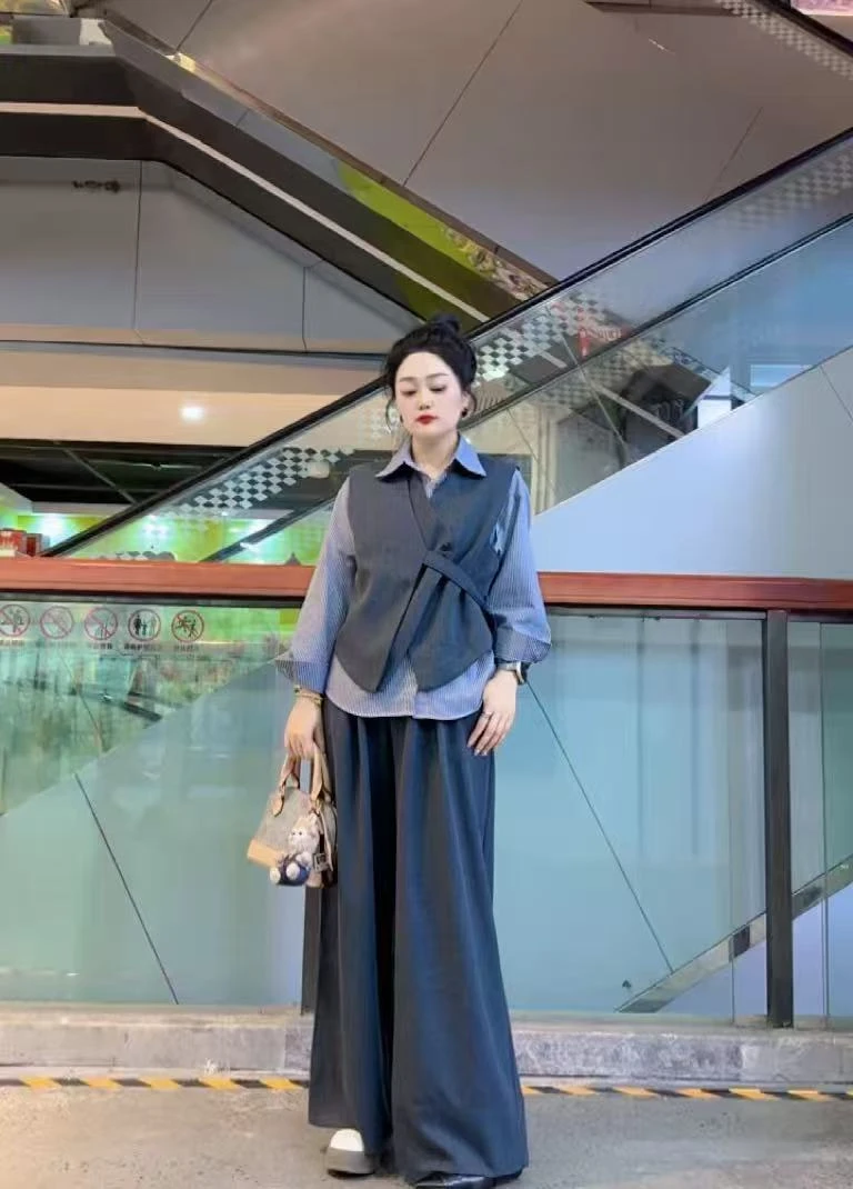 韩系马田条纹衬衫长裤 2025春秋新款松弛感三件