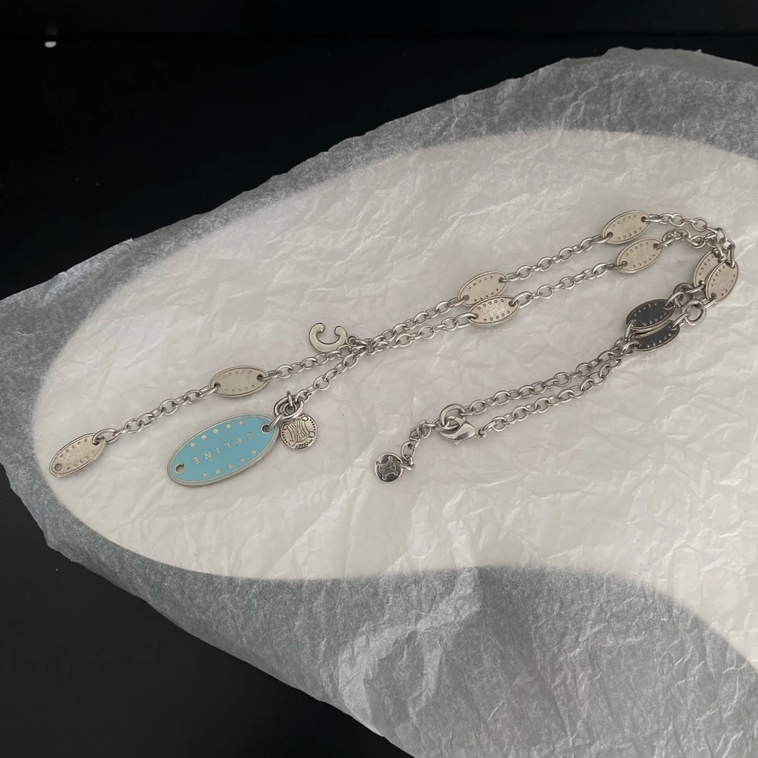 95新 Celine/思琳 思琳Celine浅蓝色椭圆字母项链