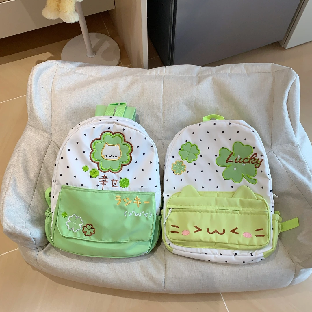 邱邱自制日系宅萌幸运四叶草小猫耳朵可爱百搭学生软妹双肩包书包