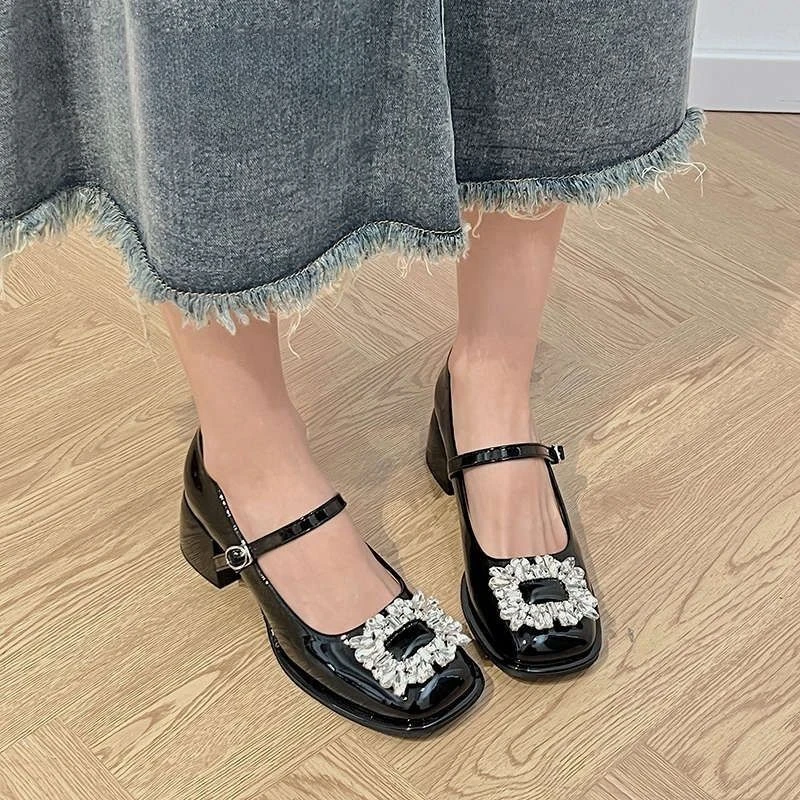 网红方扣水钻单鞋女2025新款方头法式粗跟一字扣带中跟玛丽珍鞋