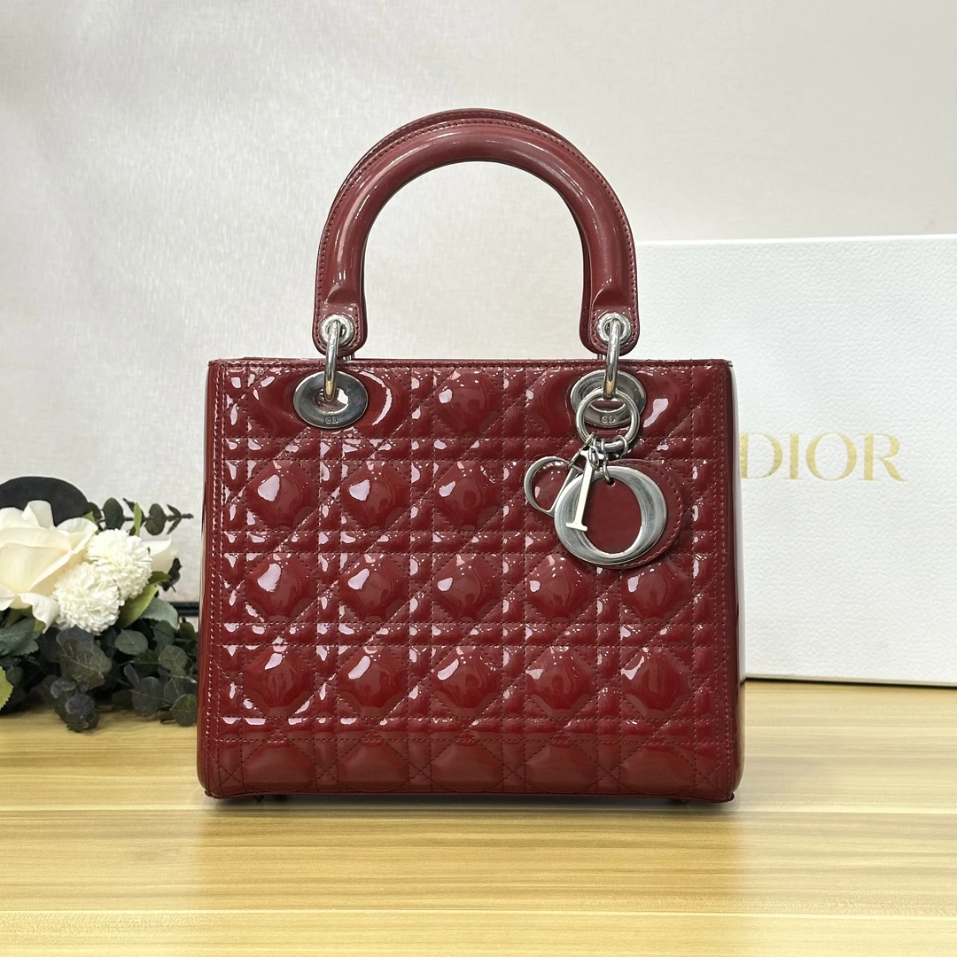99新 DIOR/迪奥 壹所奢品/五格戴妃红色漆皮手拎斜挎包红银
