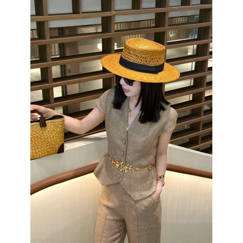 LUXURYMEMO【金夫人马甲】金属丝亚麻修身马甲