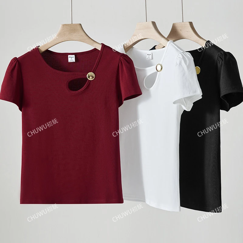 M小个子夏季新款镂空甜辣复古正肩短袖T恤女时尚修身百搭短款上衣