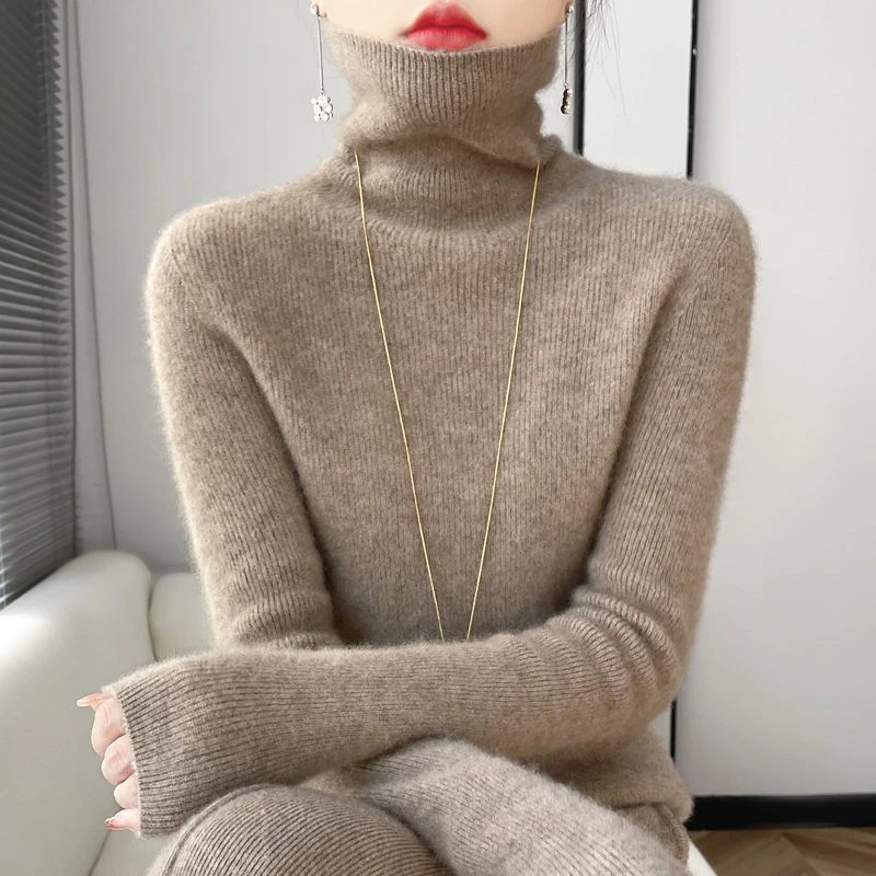高领毛衣女秋冬无缝堆堆领打底衫女显瘦针织毛衣抽条高立领毛衣女