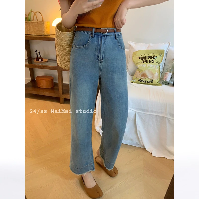 夏季凉感毛边裤~小个子中高腰显瘦遮胯直筒九分薄款牛仔裤