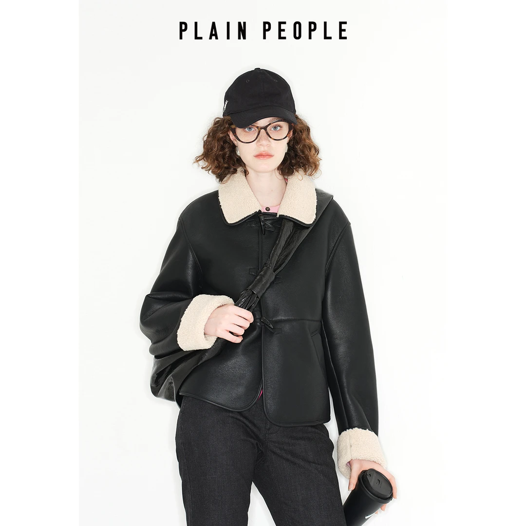 PLAIN PEOPLE复古翻领小个子加厚撞色仿皮衣夹克短外套黑色2025冬