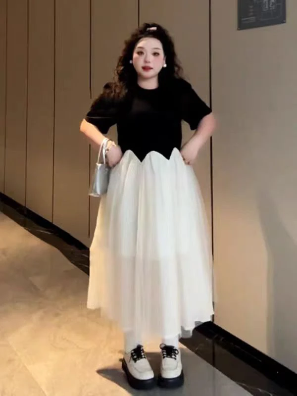 大码女装设计感气质假两件连衣裙2025夏季穿搭胖mm巨显瘦遮肉裙子