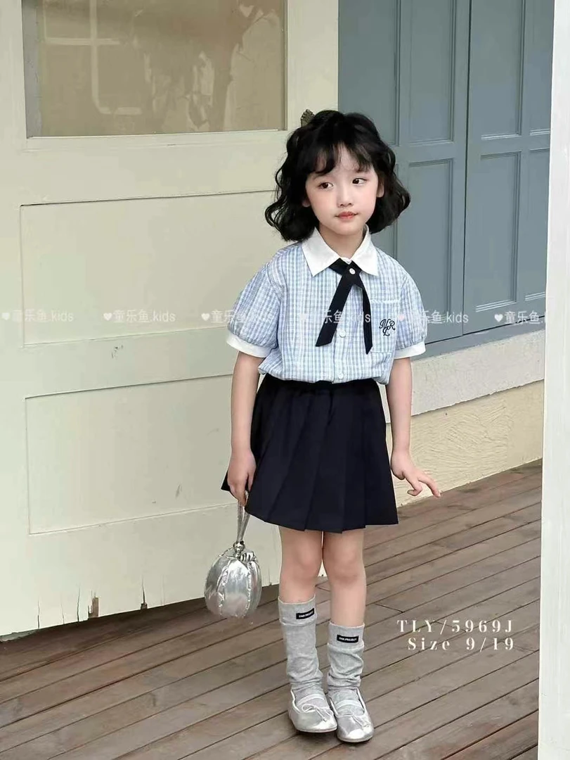 女童学院风百褶裙套装儿童娃娃领衬衫夏季休闲时尚两件套