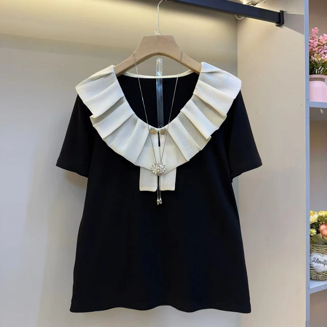 欧货2025夏新款荷叶领洋气显瘦高级感短袖女人衫