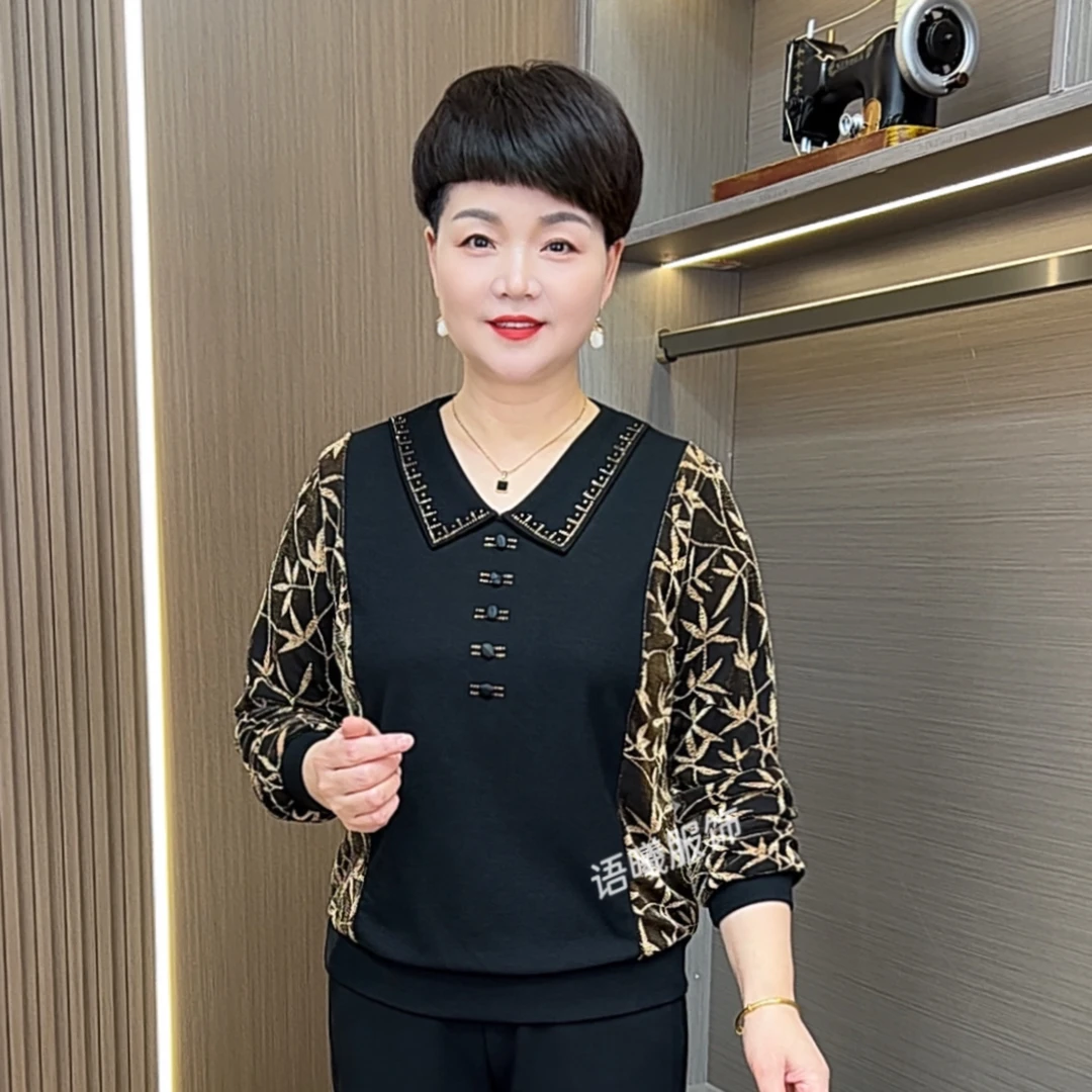 娃娃领时尚常规长袖中老年女装拼接女装秋季T恤小衫F5808