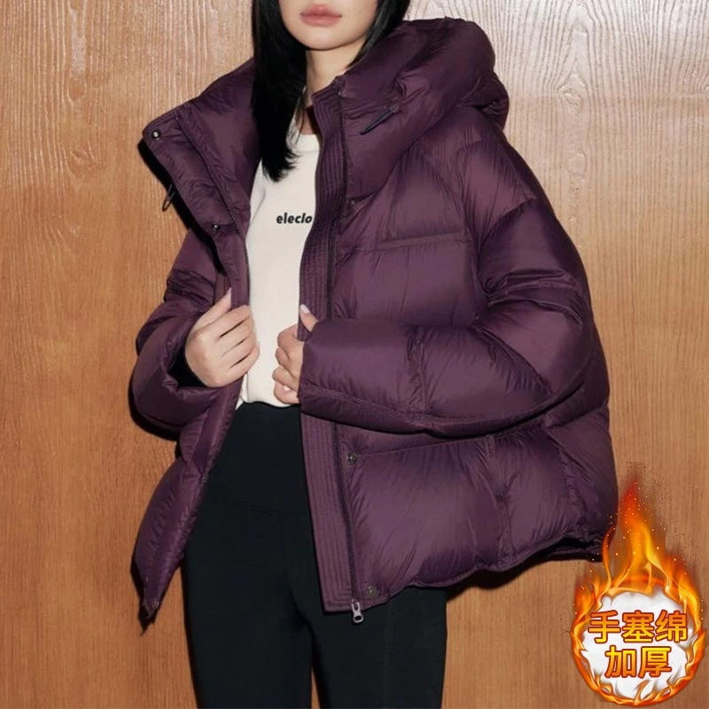 韩版气质连帽百搭棉服外套女2025年冬季新款小个子纯色短款面包服