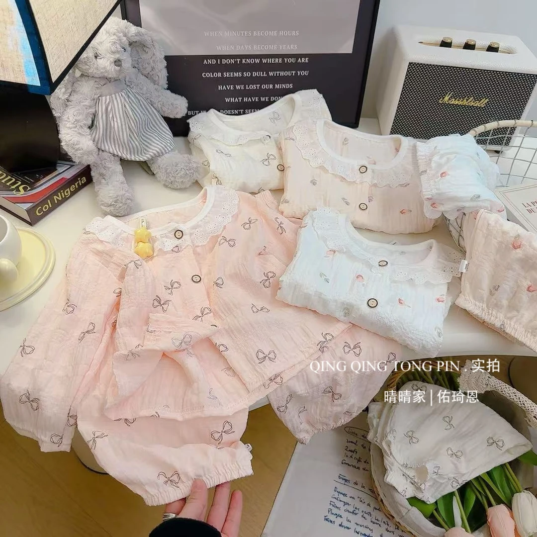 儿童家居服洋气长袖开衫童装翻领宝宝春夏秋娃娃领卡通风套装