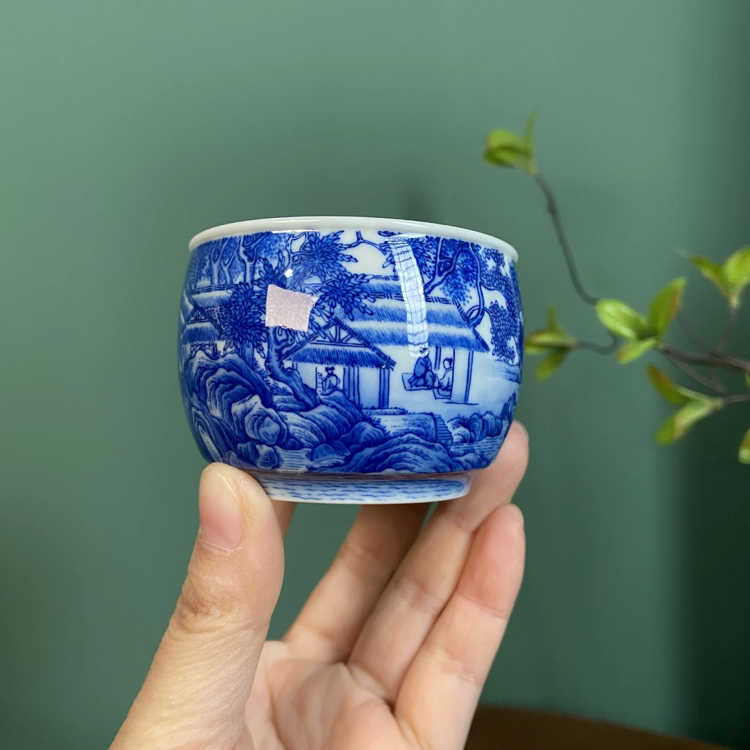 【九茗珍藏】溪山渔隐图罗汉缸杯  手工手绘  景德镇茶具  100cc