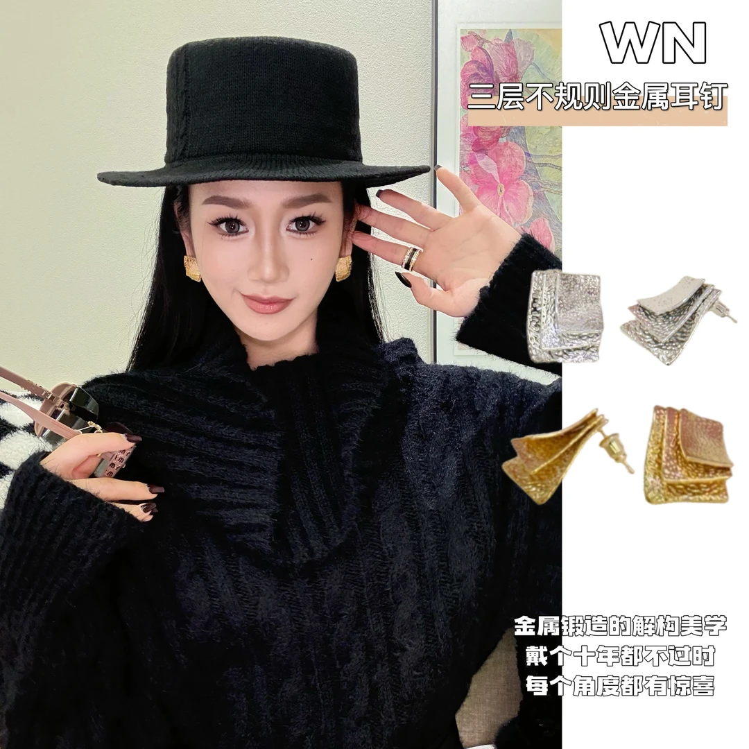 铜合金耳饰 罗马教堂~结构美学三层不规则金属耳环手工锻造耳饰