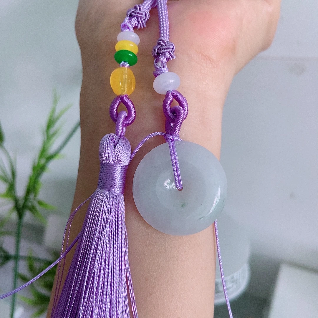 手工编织浅紫流苏平安扣包包挂车挂吊坠天然翡翠A货 有瑕疵特价