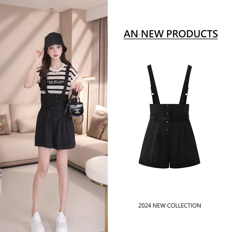 A50105新款时尚通勤风休闲宽松减龄高腰纯色背带短裤