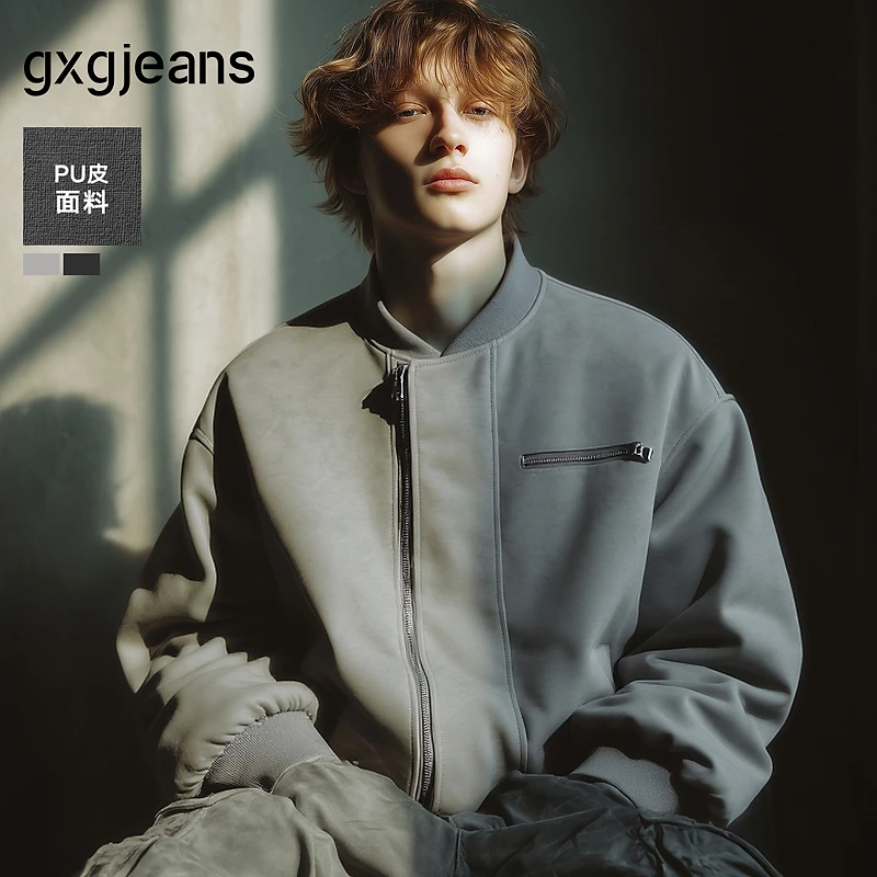 gxg.jeans男装 PU皮时尚休闲宽松棒球领飞行员夹克外套25秋新品