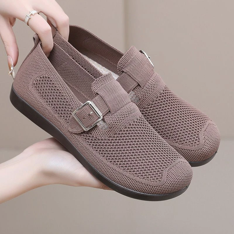 春夏新款女鞋软底飞织网鞋妈妈鞋中老年百搭休闲平底一脚蹬单鞋子