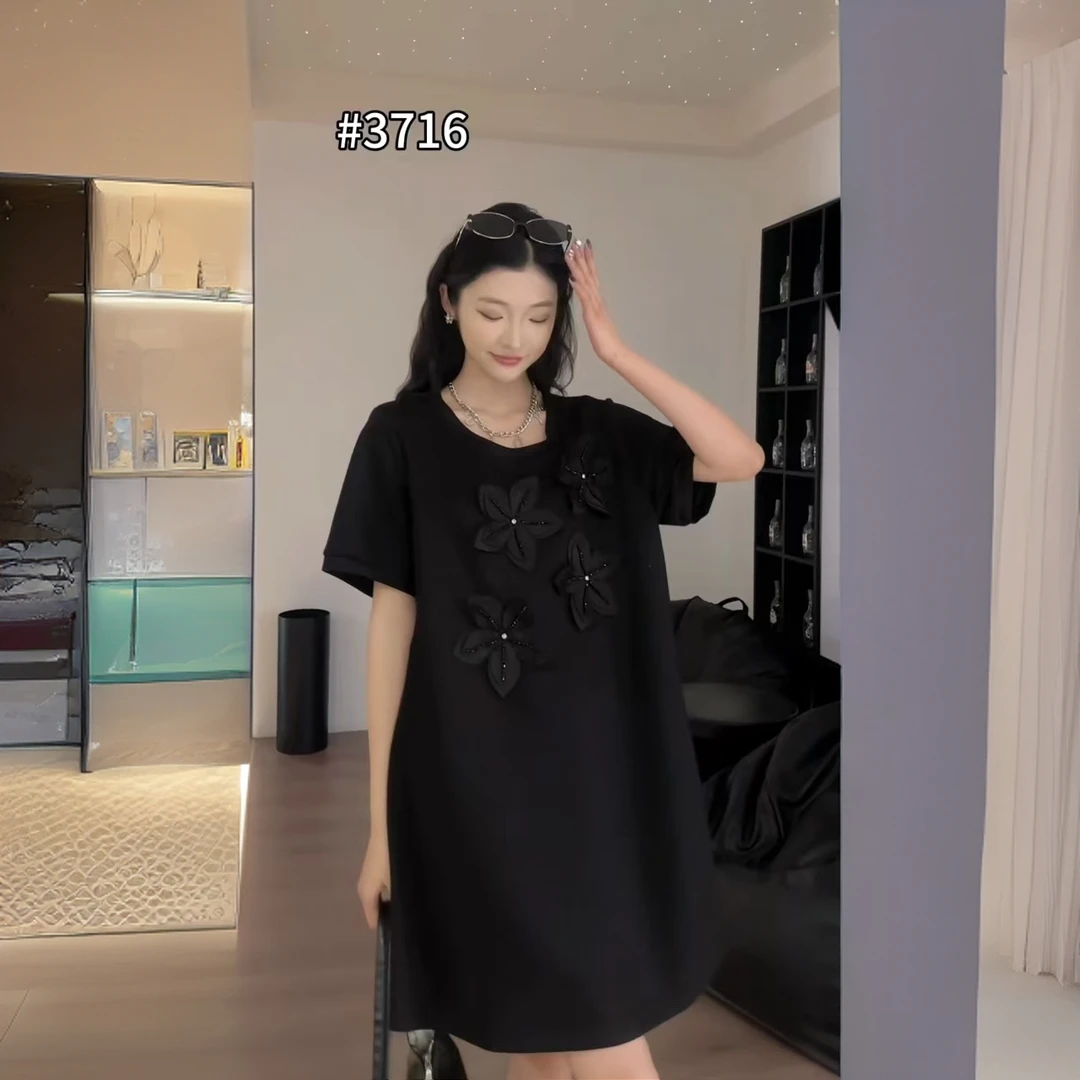 XPP  浪漫花季/3-9码立体小花设计中长款空气层短袖连衣裙3716