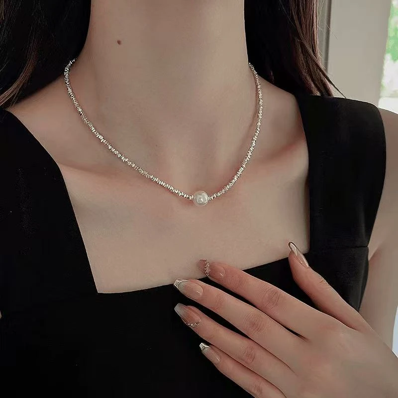 坠链均足银 999碎银子套链单颗人造珍珠项链锁骨链百搭气质新款