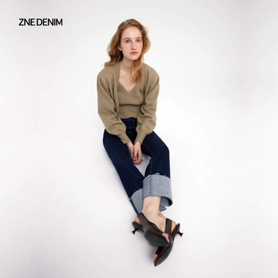 ZNE Jeans复古高腰丹宁原色弹力修身翻边牛仔裤女1120