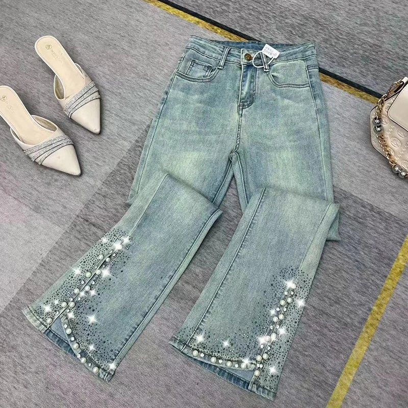 烫钻钉珠重工微喇牛仔裤女2025秋季新款时尚高腰显瘦百搭喇叭裤
