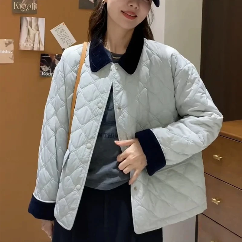 拼色显瘦菱格棉服外套女冬季新款小个子休闲宽松百搭翻领棉衣3832