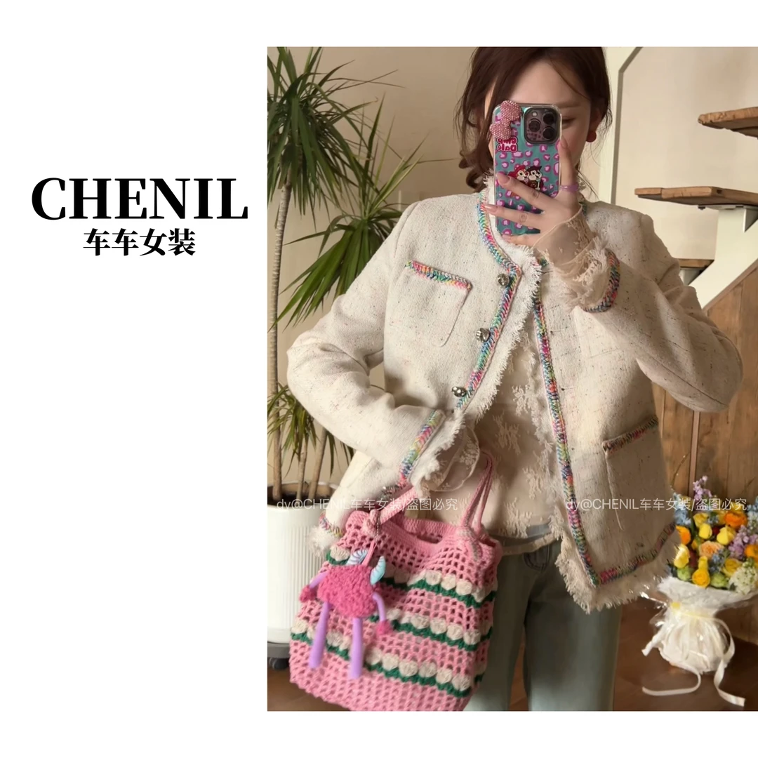 CHECHE【少女感】春季新款撞色设计小香风外套女洋气韩版网红穿搭