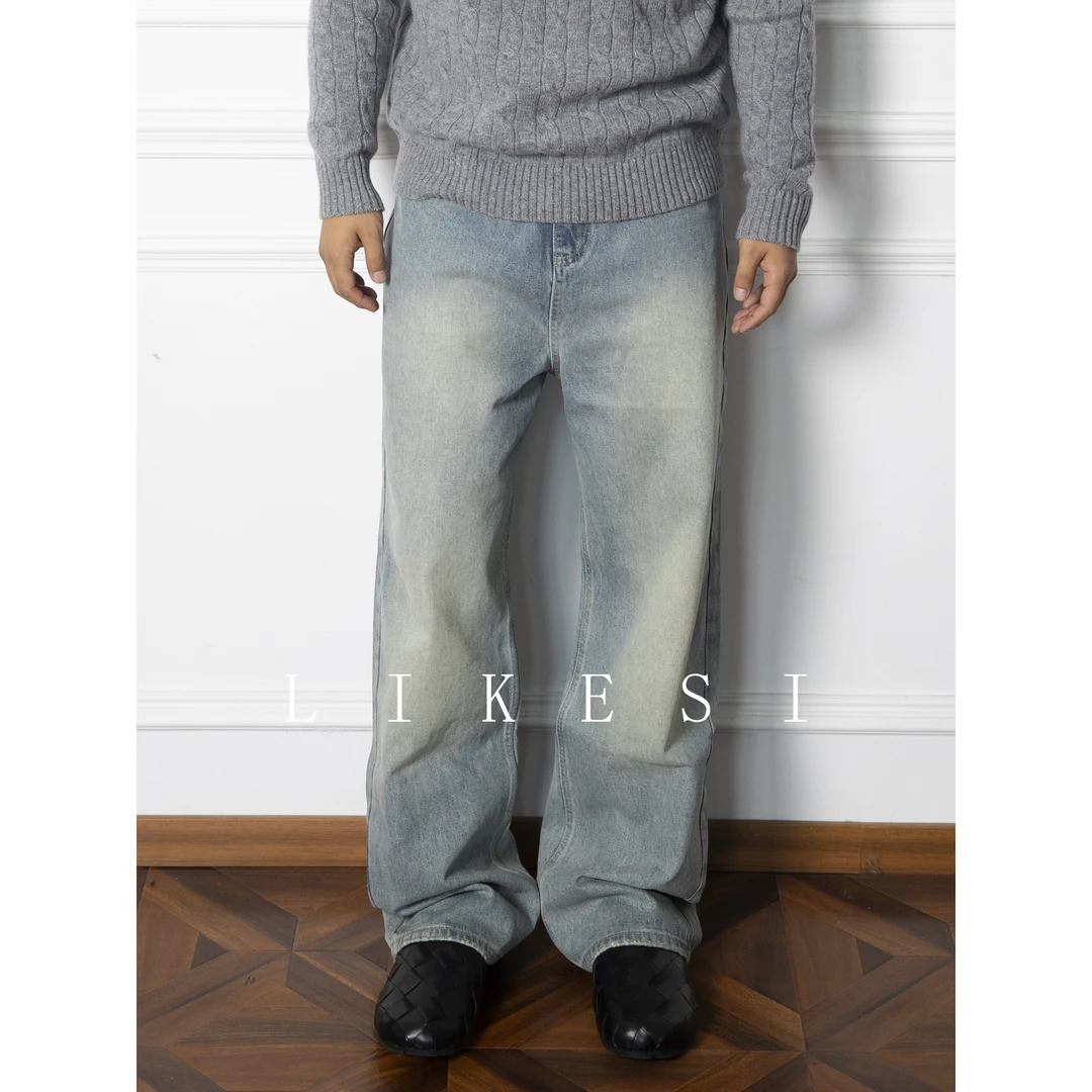 LIKESI JEANS复古水洗直筒微阔牛仔裤宽松百搭石墨做旧休闲裤8297
