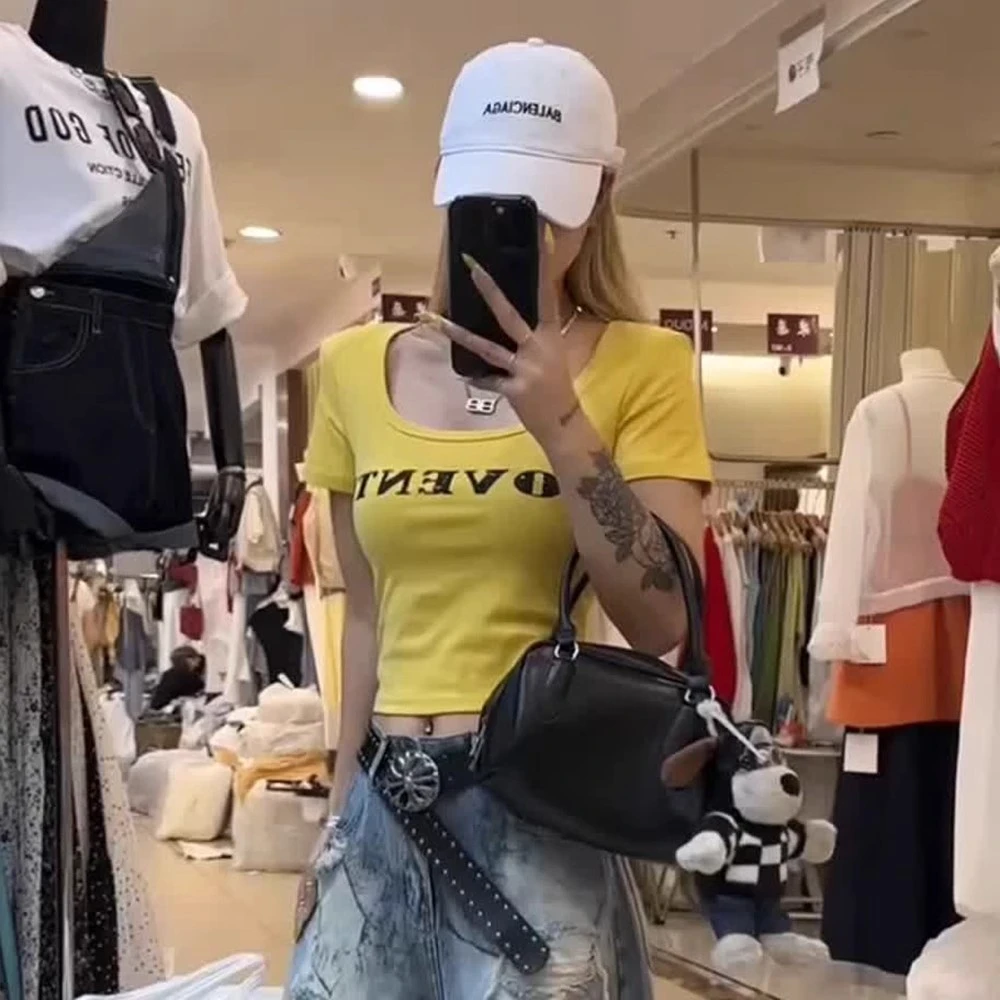 美式字母印花U领正肩t恤女短袖夏季2025新款性感辣妹短款超火上衣