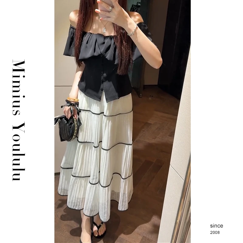 【mimius】肉肉 一字肩设计感小众露肩上衣+高腰半裙 G05475