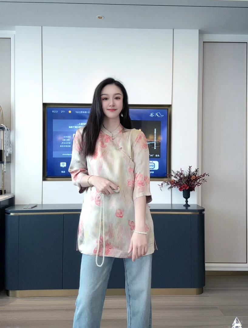 【夏日微风】新款春夏秋新中式人丝百搭提花立领斜襟国风中袖上衣