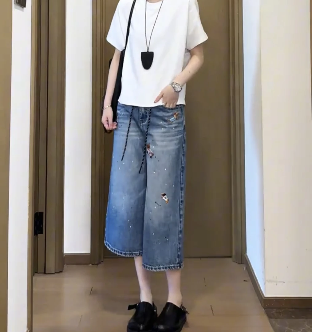 夏季新款七分牛仔裤女宽松显瘦阔腿裤