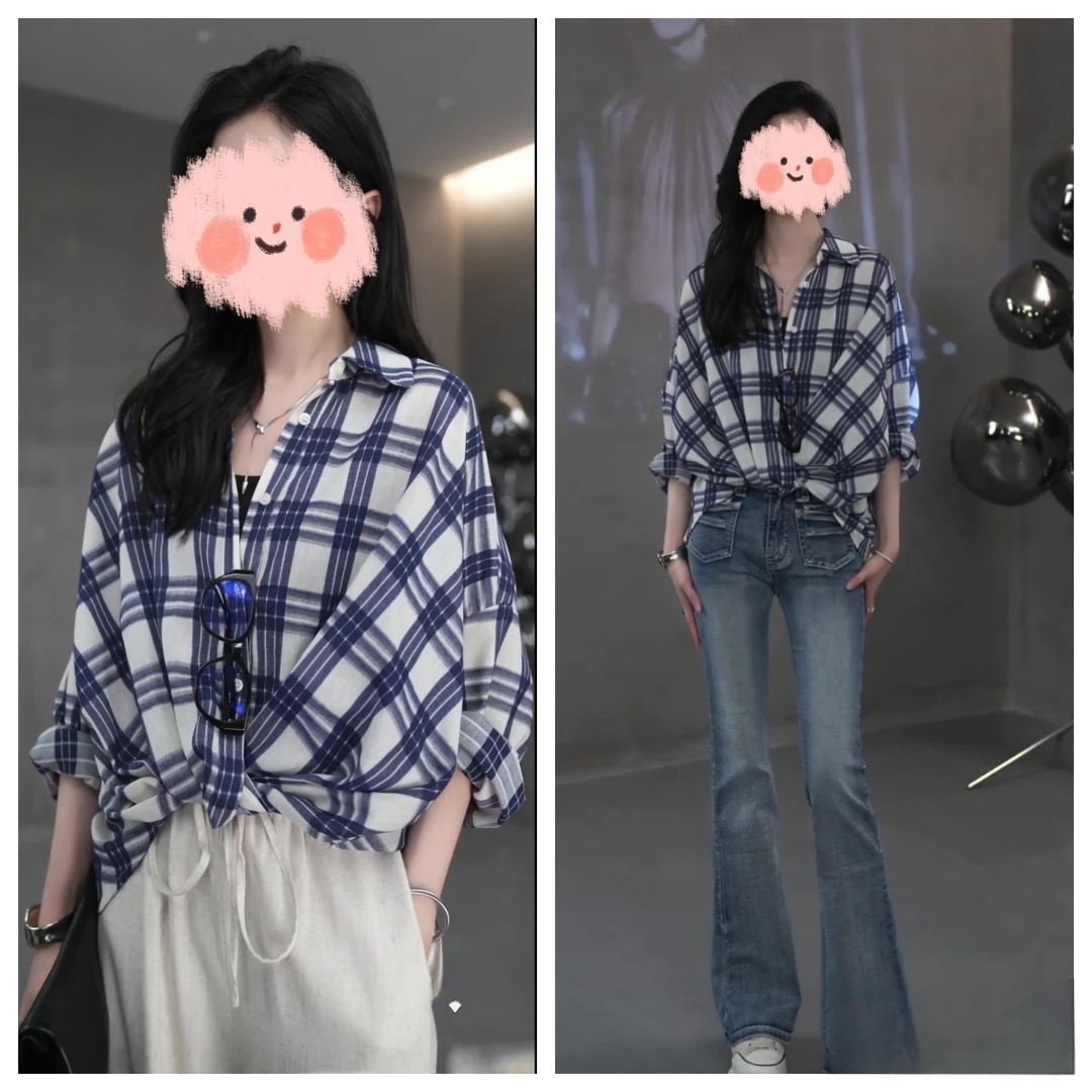 蓝白格前襟打结松驰衬衣长袖时尚宽松春季格纹百搭