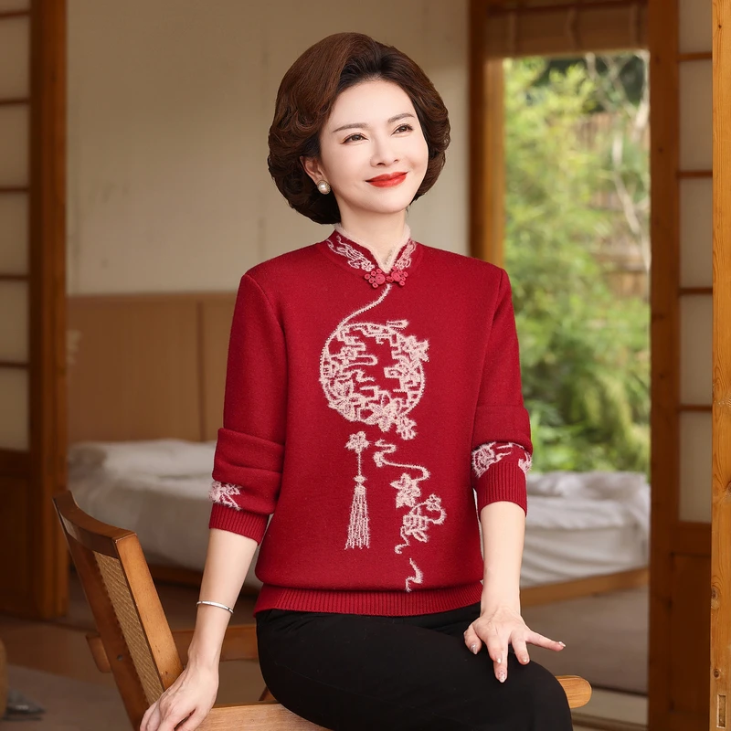中老年毛衣女秋冬加绒保暖舒适时尚妈妈装减龄显瘦冬季打底针织衫