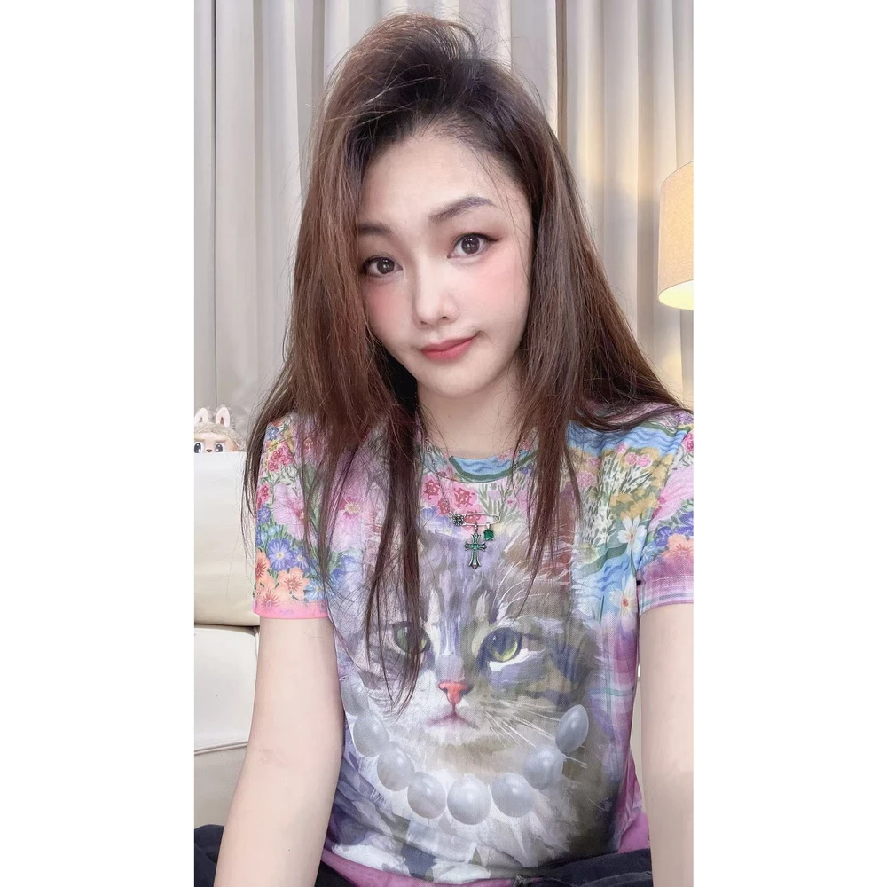 包嫂【W1185粉色小猫】短袖t恤女打底半袖休闲夏2025款