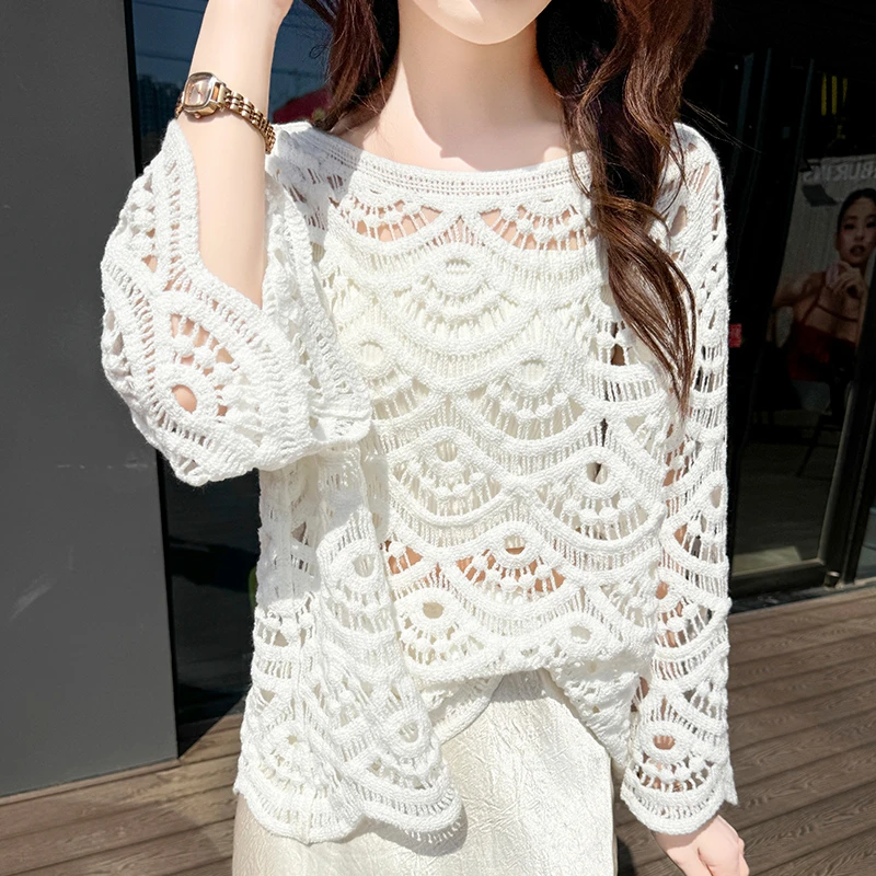 甄选精纺羊毛镂空短款针织T恤夏季时尚薄款防晒衫百搭宽松空调衫