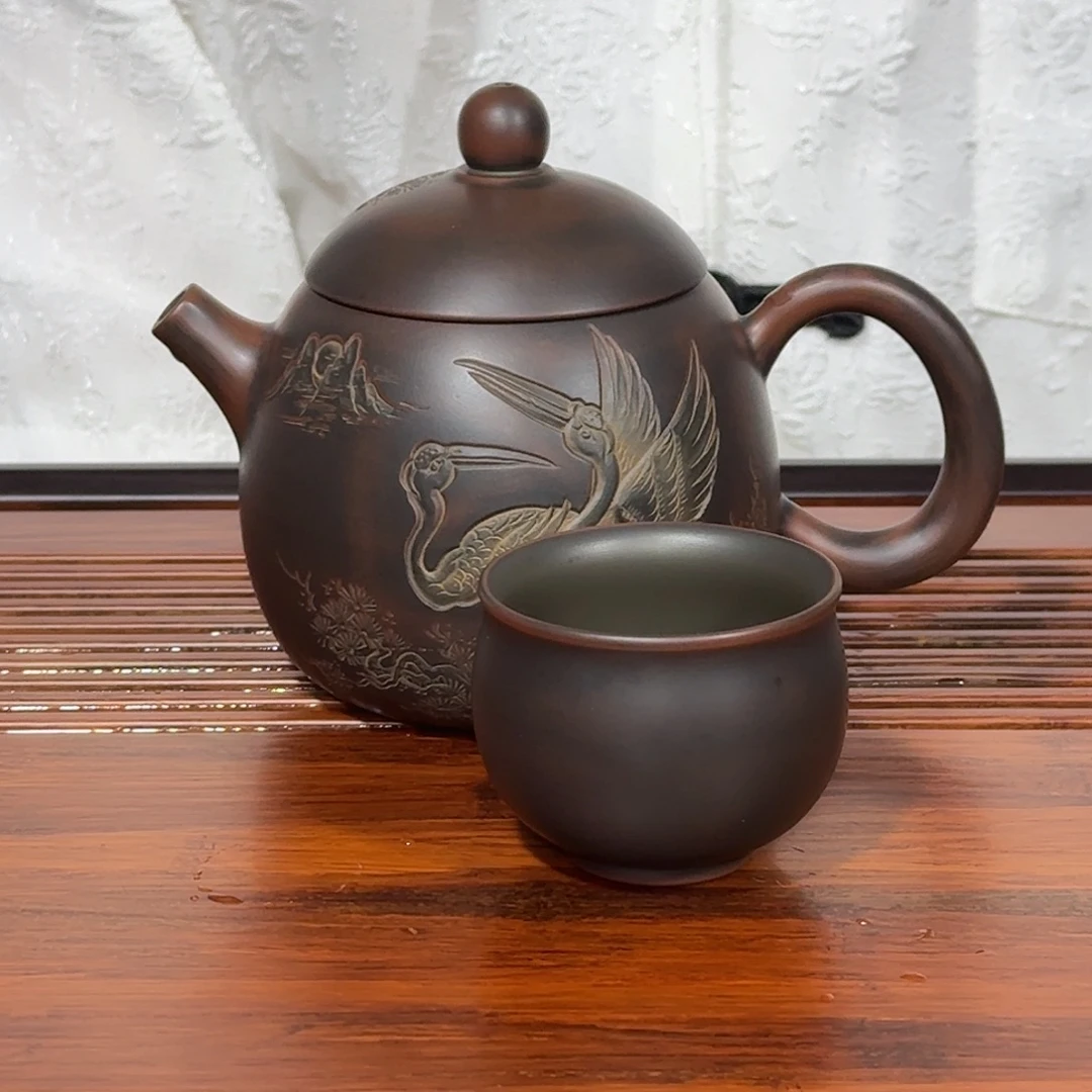 中***0坭兴陶精品龙蛋松鹤
