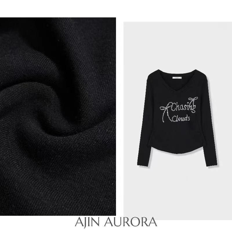 【时尚标配】春季短款修身显瘦V领烫钻时尚百搭长袖T恤 - A7