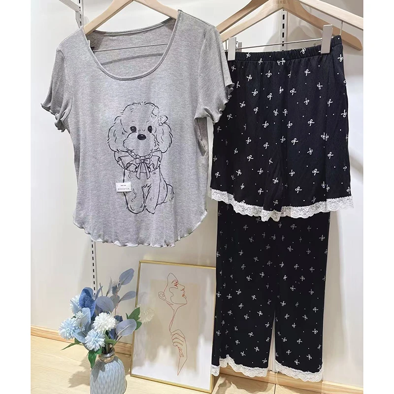 夏季蝴蝶结小狗短袖三件套带杯垫睡衣可爱减龄透气舒适女套装2268