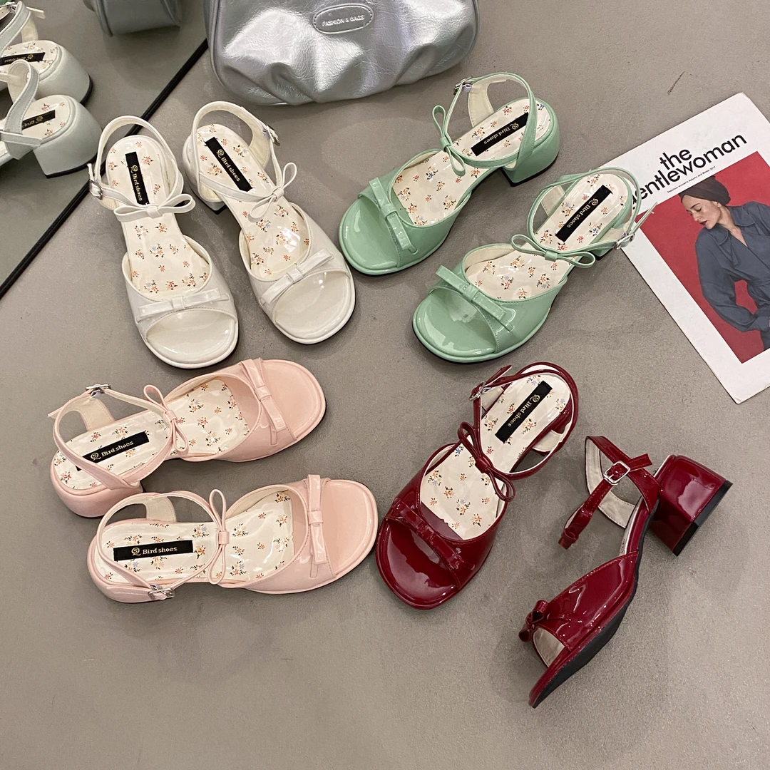 贾不假法式蝴蝶结粗跟凉鞋女2025夏季新款配裙子高跟小众时装凉鞋