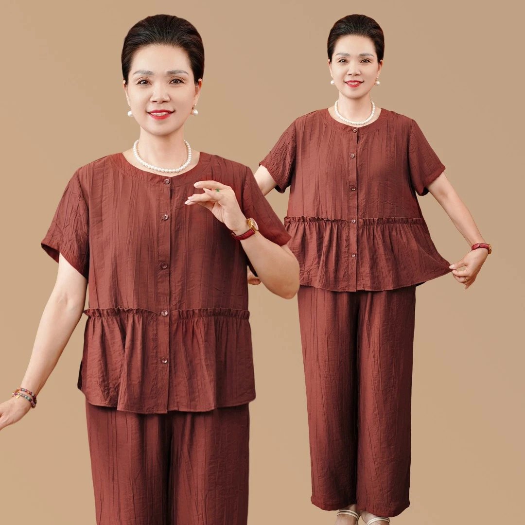 夏季新中式圆领短袖开衫九分裤两件套妈妈装夏装50岁优雅时尚套装