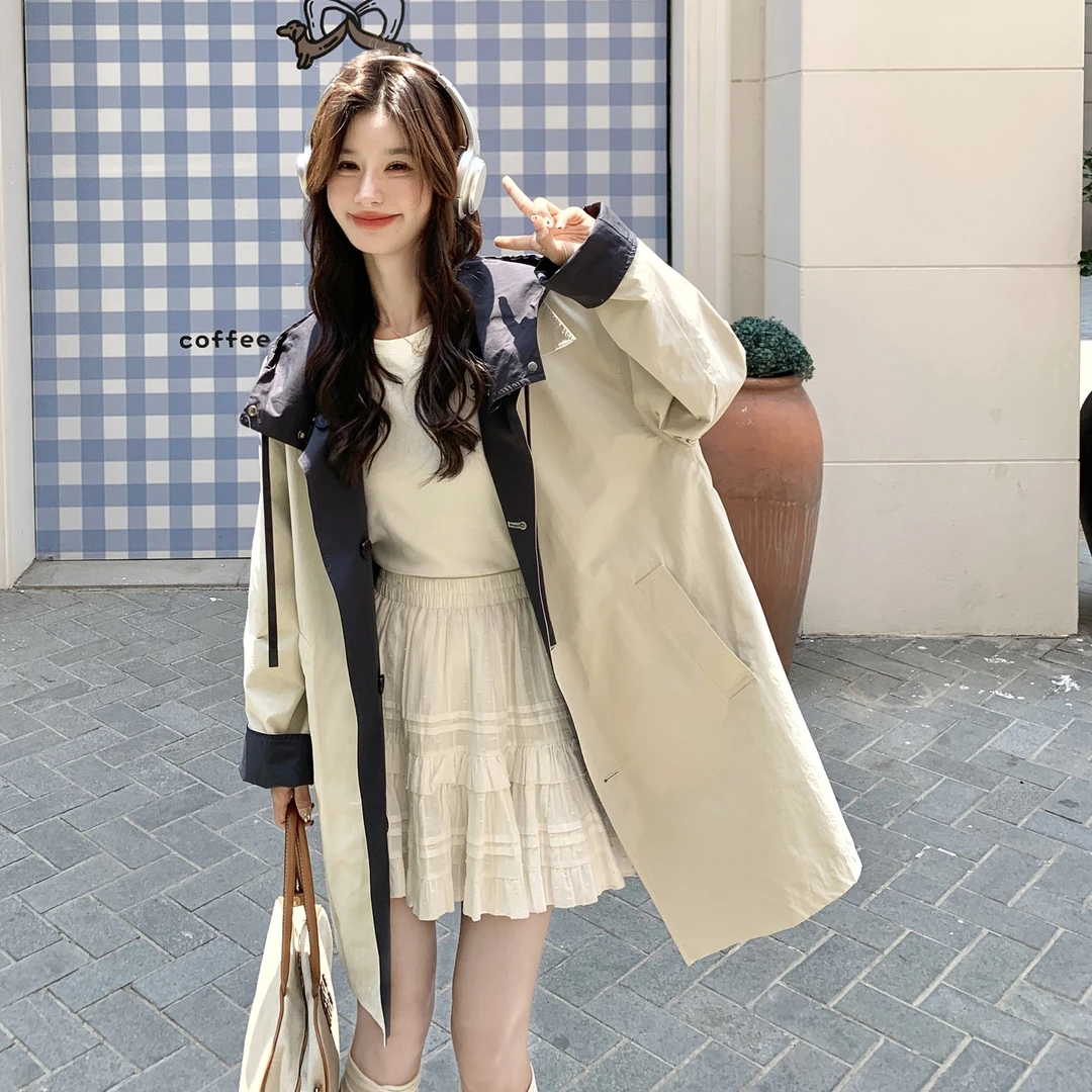 两面穿百搭休闲风衣女中长款带帽时尚风衣连帽