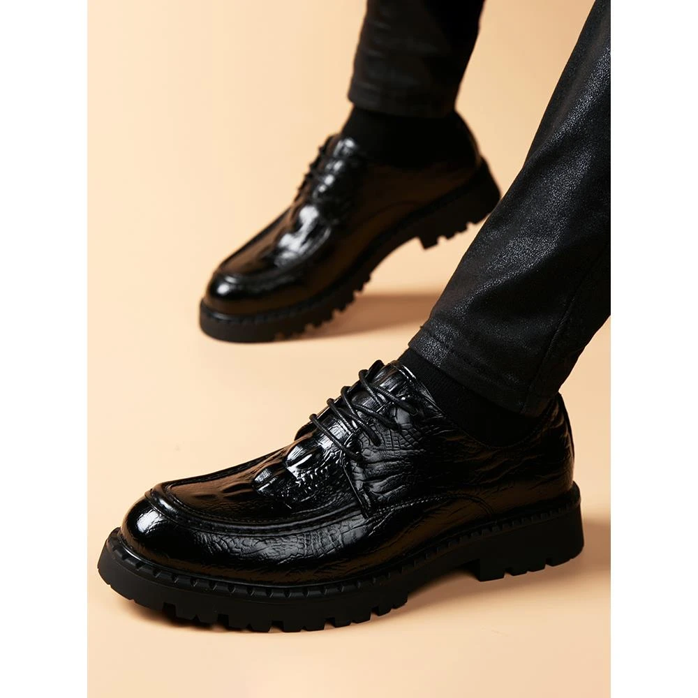透气男鞋秋季2025新款厚底鳄鱼纹休闲商务皮鞋男款真皮英伦结婚鞋