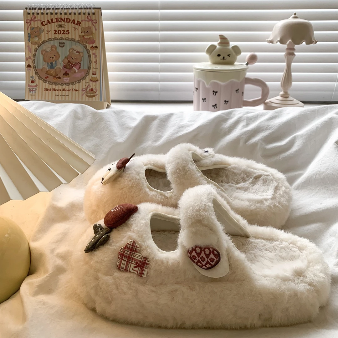 卡通可爱包头半拖鞋女外穿2025秋冬新款厚底加绒保暖防滑毛毛棉拖